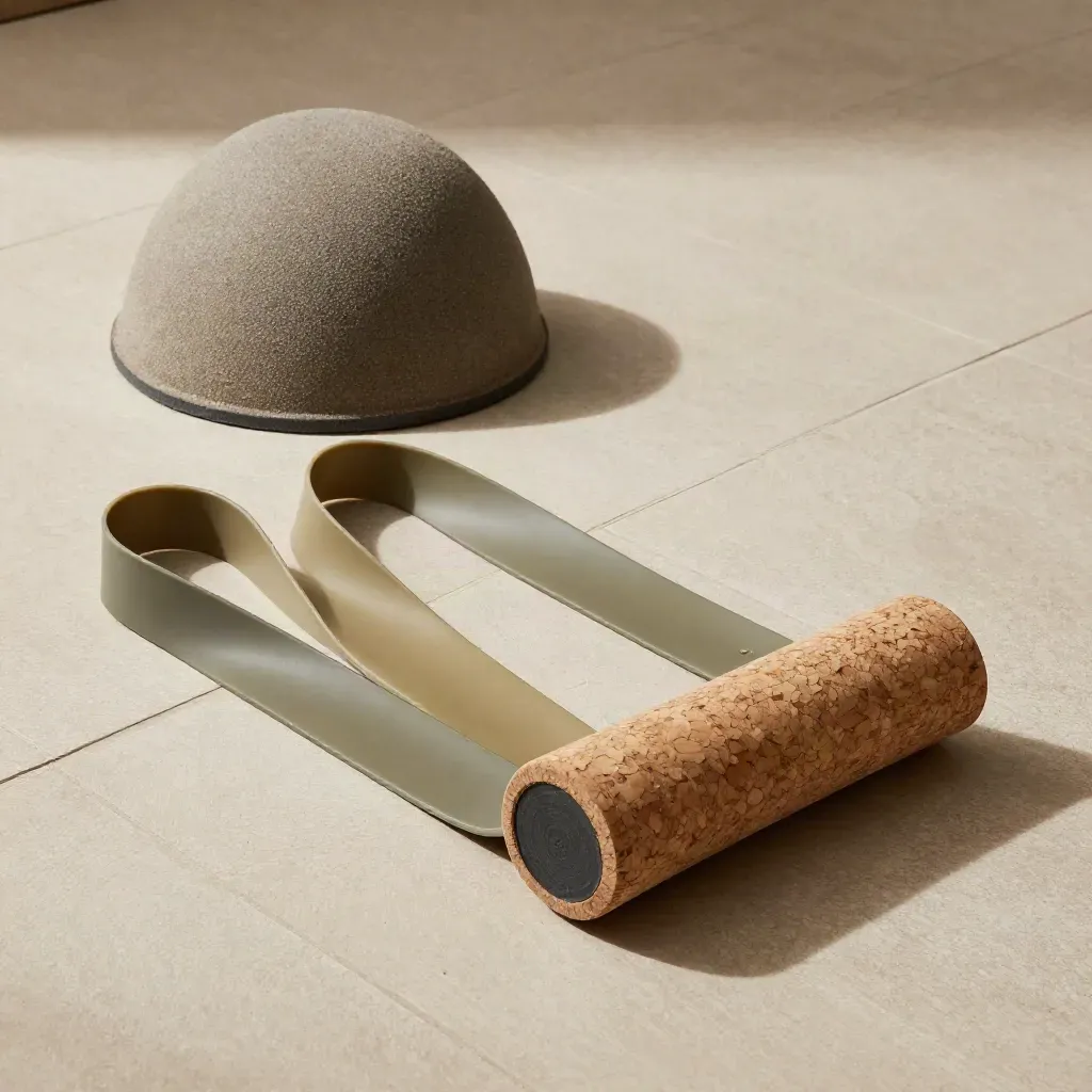 Foam balance dome, loop bands, and cork roller on a studio tile in diagonal light.