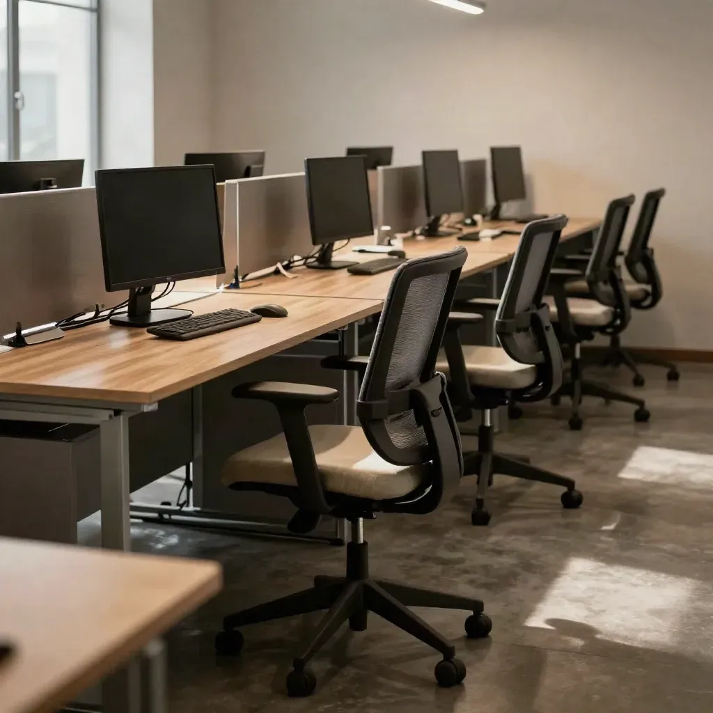 Empty office row with ergonomic chairs, monitor risers, lumbar cushions and footrests in soft daylight.