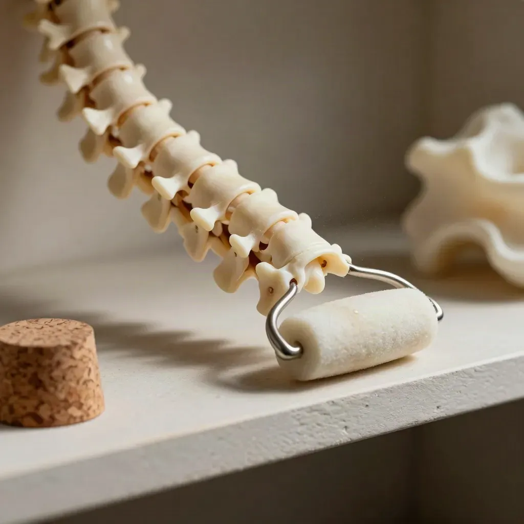 Macro still life of spine model, cork blocks and foam roller on a plaster shelf