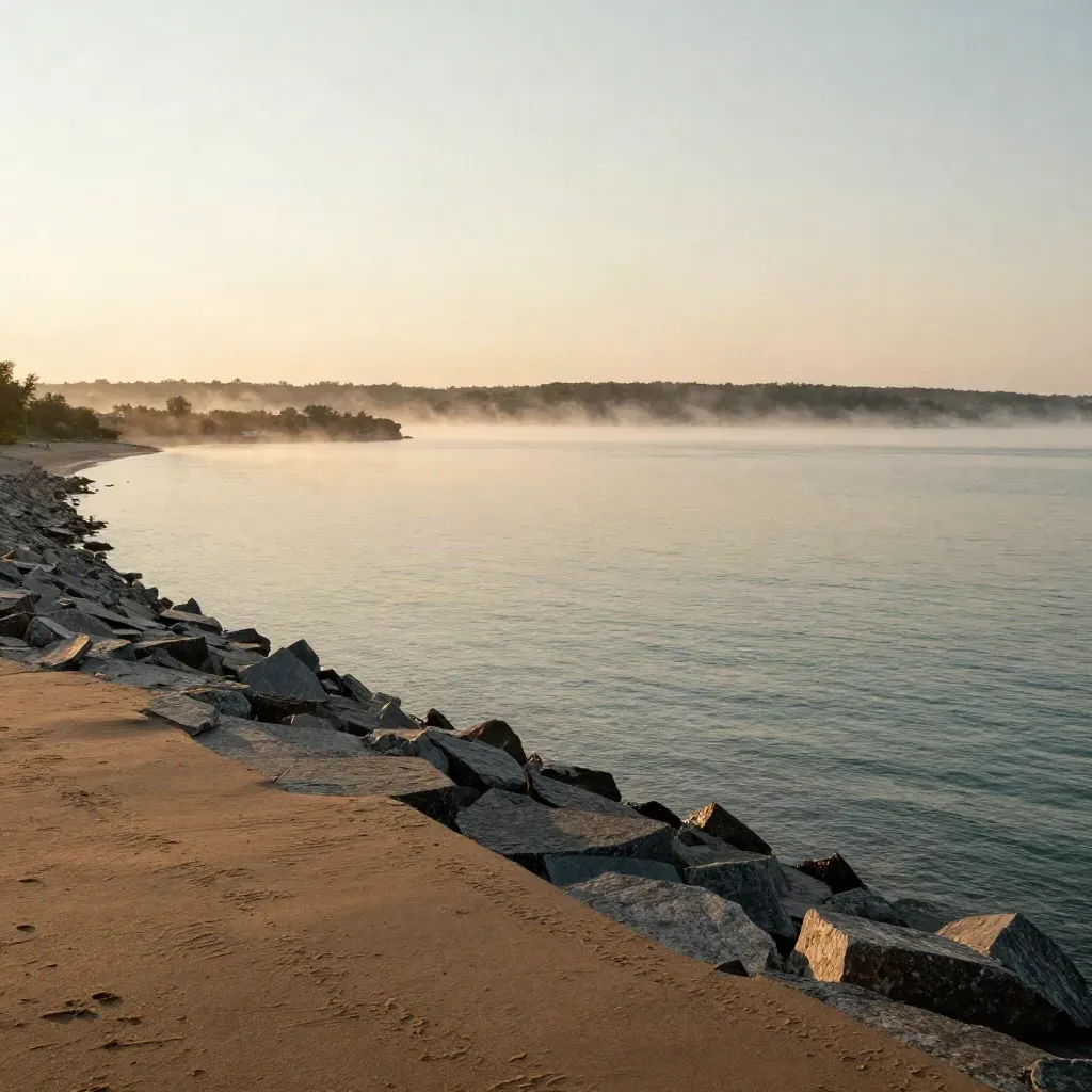 Golden-hour West GTA waterfront with misty Lake Ontario and the escarpment high against a pale sky