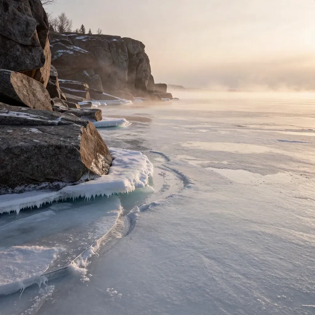 Ontario winter shoreline of ice, granite, and open water at pale dawn