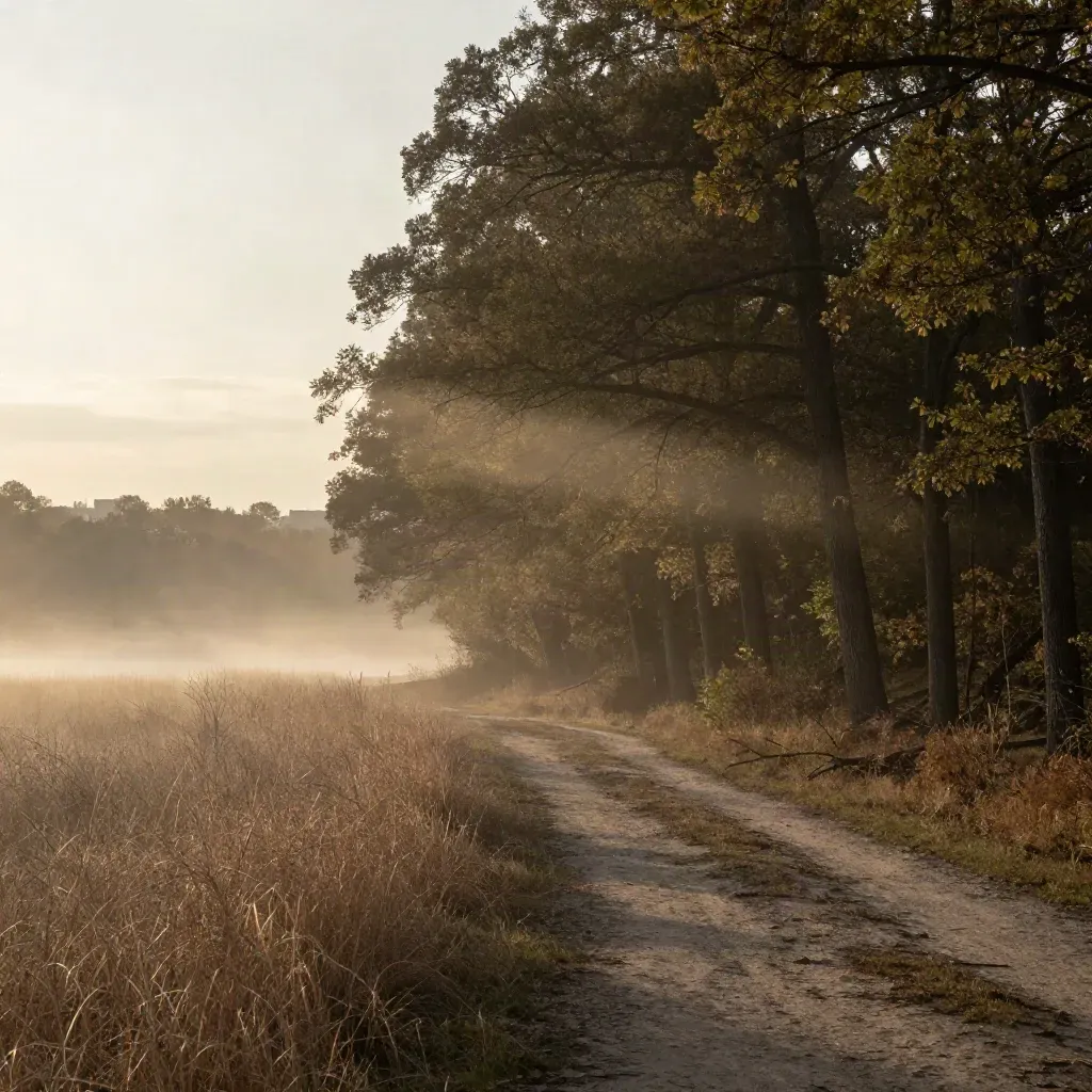 Foggy East GTA ravine with bluffs and distant city edges at sunrise